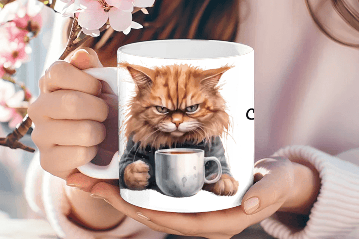 Custom Angry Cat Drinking Coffee Mug - ARTFULANE