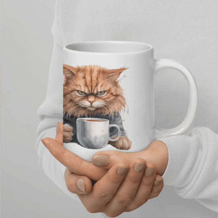 Custom Angry Cat Drinking Coffee Mug - ARTFULANE