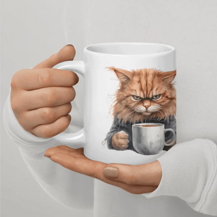 Custom Angry Cat Drinking Coffee Mug - ARTFULANE