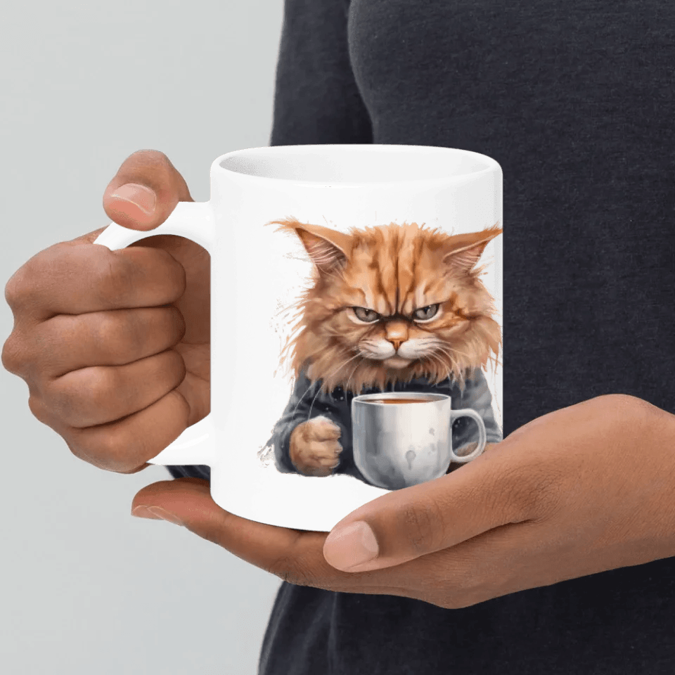 Custom Angry Cat Drinking Coffee Mug - ARTFULANE