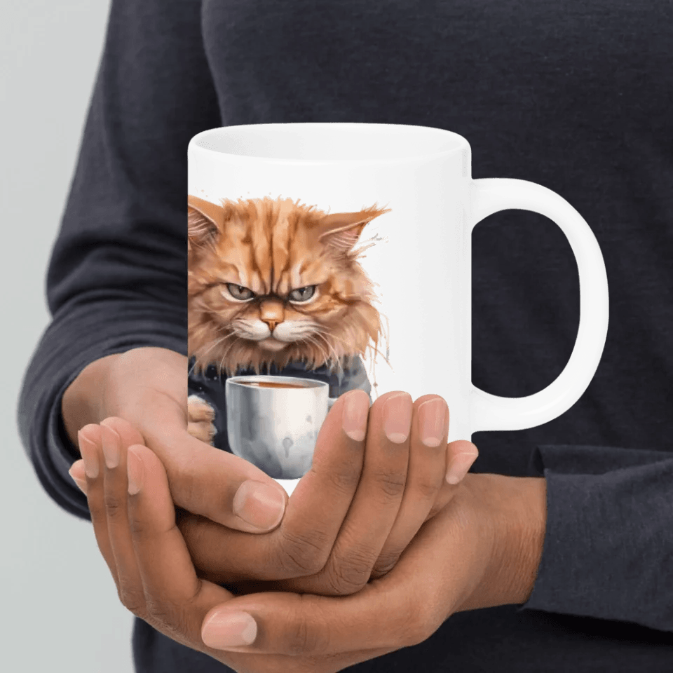 Custom Angry Cat Drinking Coffee Mug - ARTFULANE