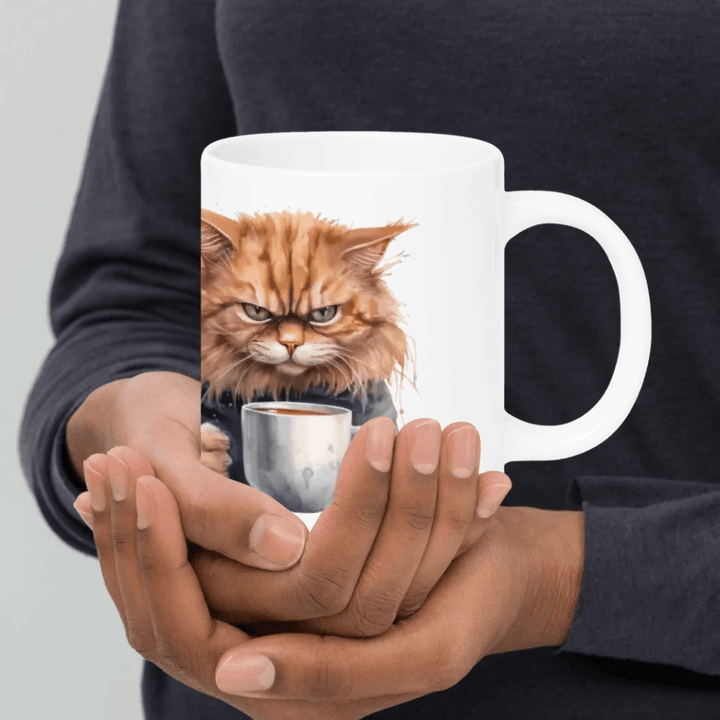 Custom Angry Cat Drinking Coffee Mug - ARTFULANE