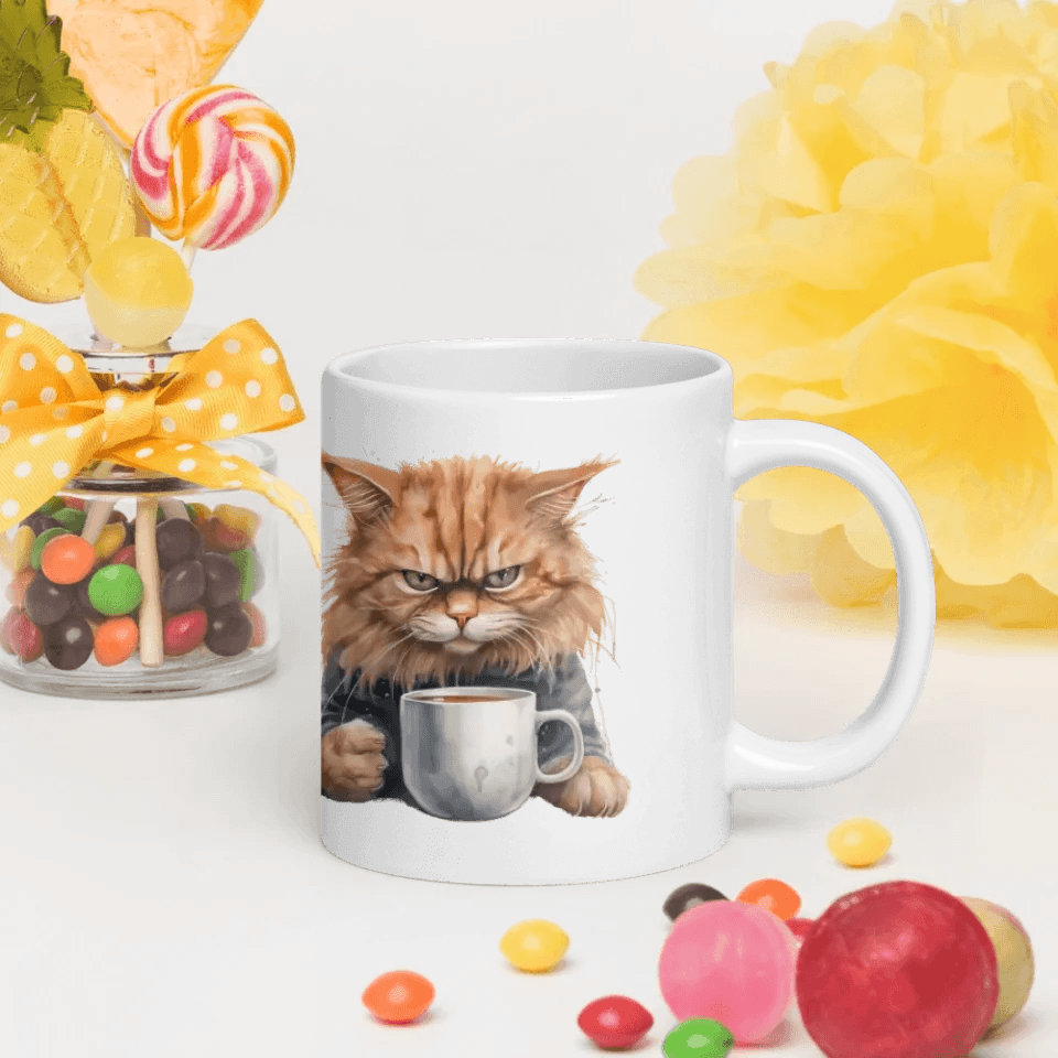 Custom Angry Cat Drinking Coffee Mug - ARTFULANE