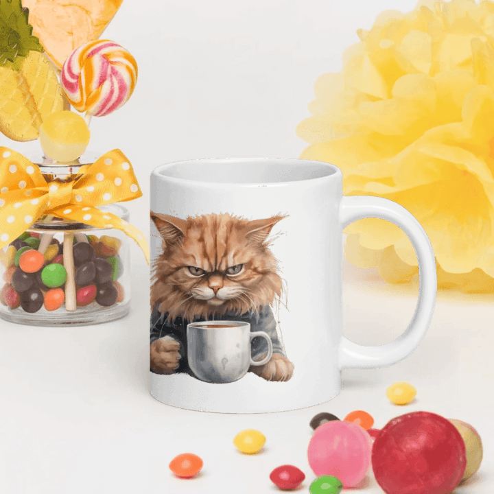 Custom Angry Cat Drinking Coffee Mug - ARTFULANE