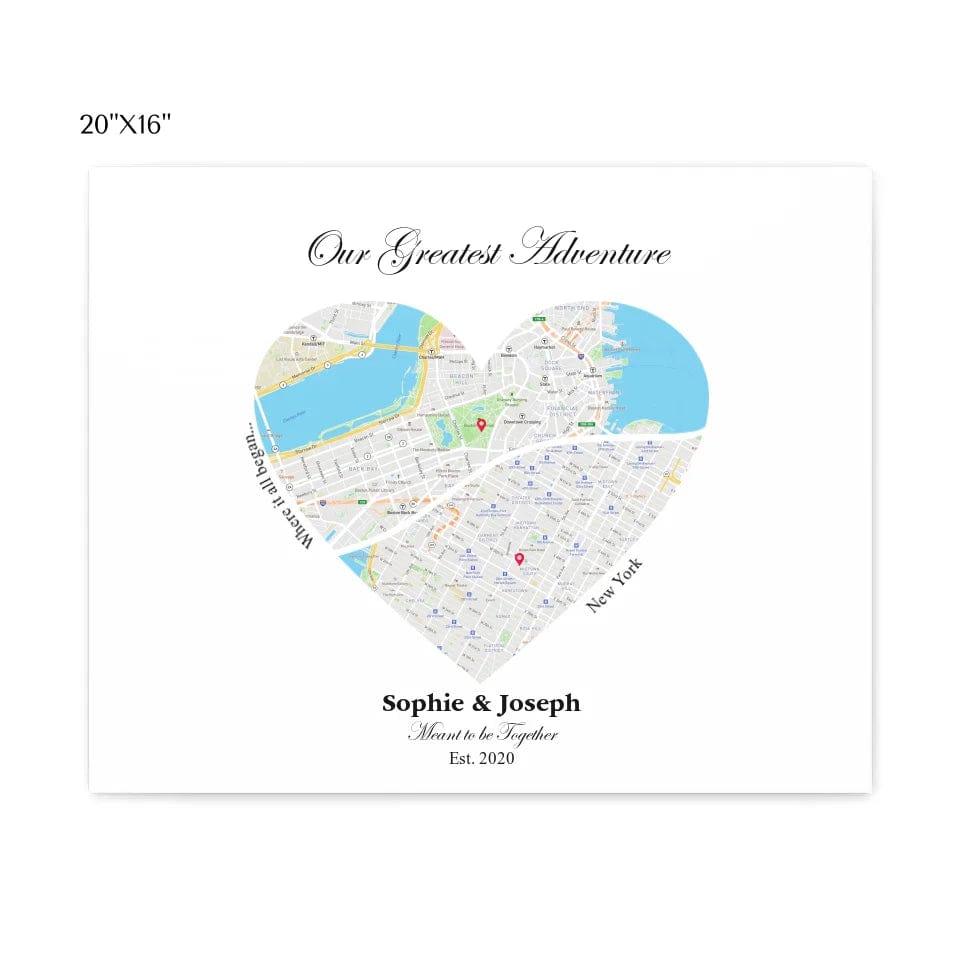 Custom Heart Shaped Dual Location Map - ARTFULANE