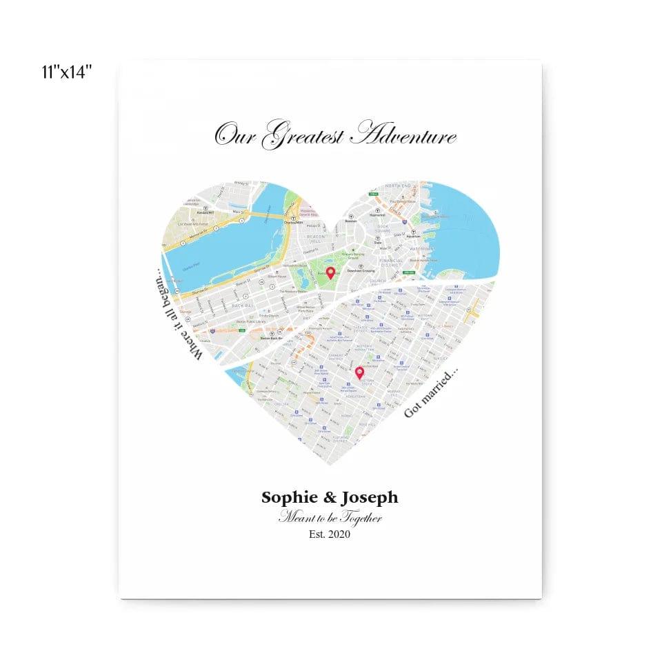 Custom Heart Shaped Dual Location Map - ARTFULANE