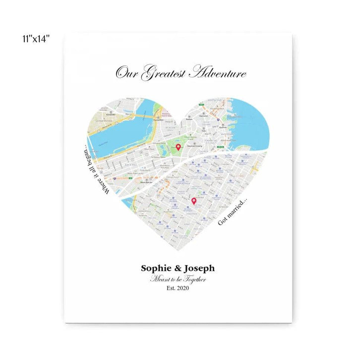 Custom Heart Shaped Dual Location Map - ARTFULANE