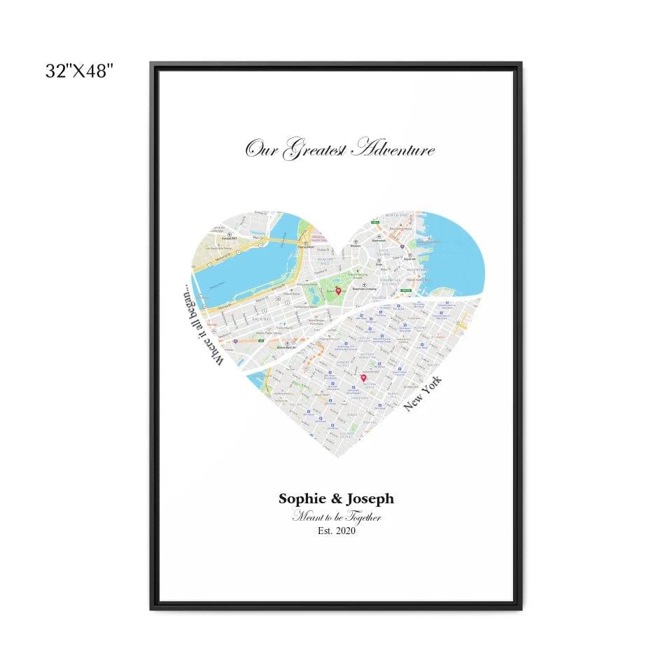 Custom Heart Shaped Dual Location Map - ARTFULANE