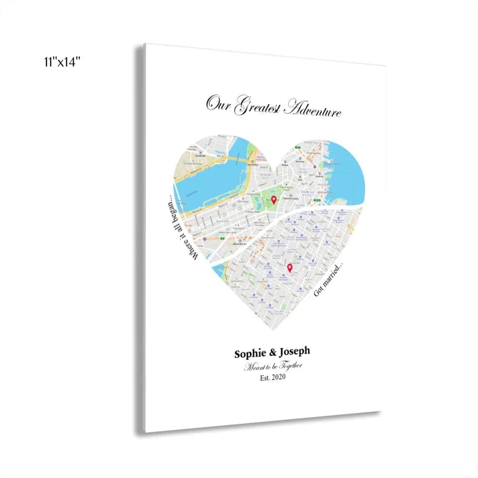 Custom Heart Shaped Dual Location Map - ARTFULANE