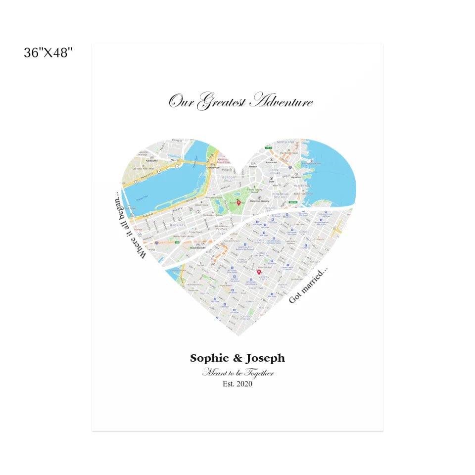 Custom Heart Shaped Dual Location Map - ARTFULANE