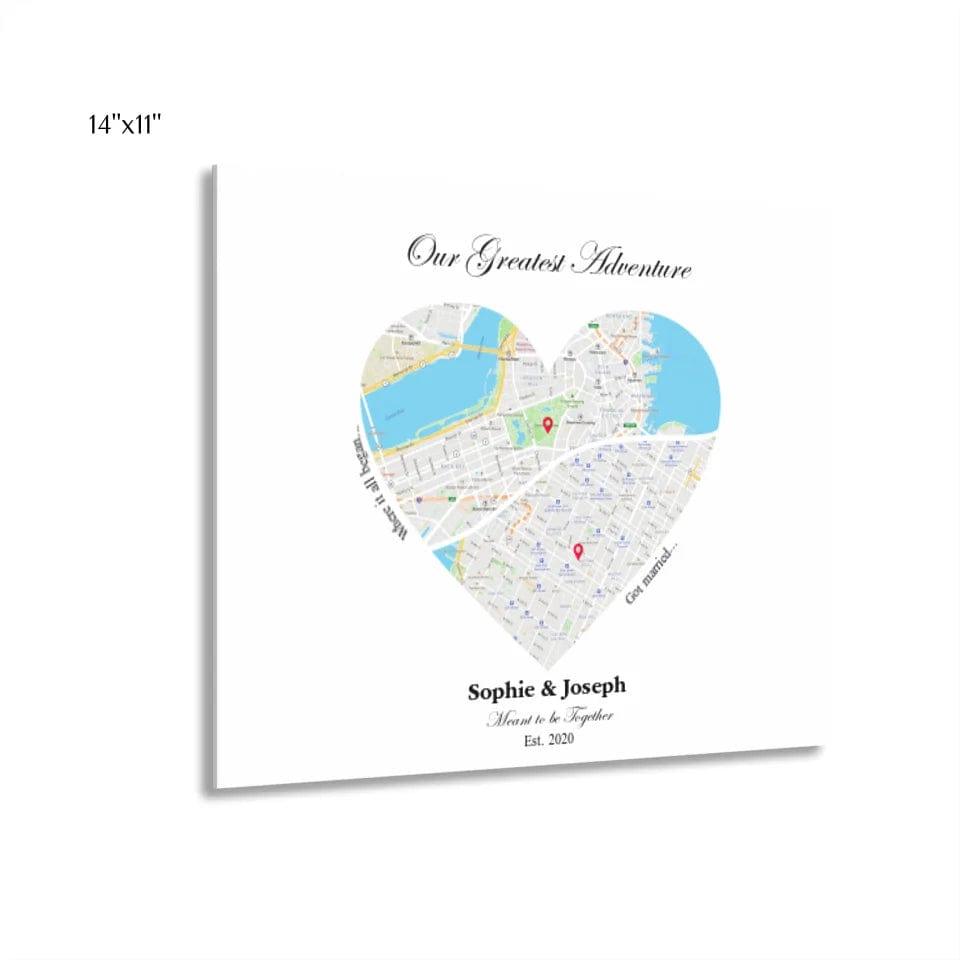 Custom Heart Shaped Dual Location Map - ARTFULANE