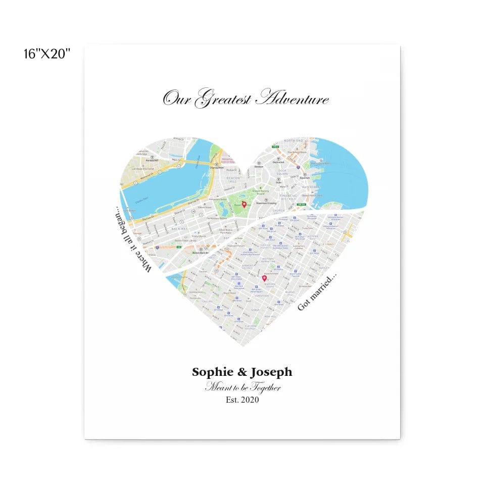 Custom Heart Shaped Dual Location Map - ARTFULANE