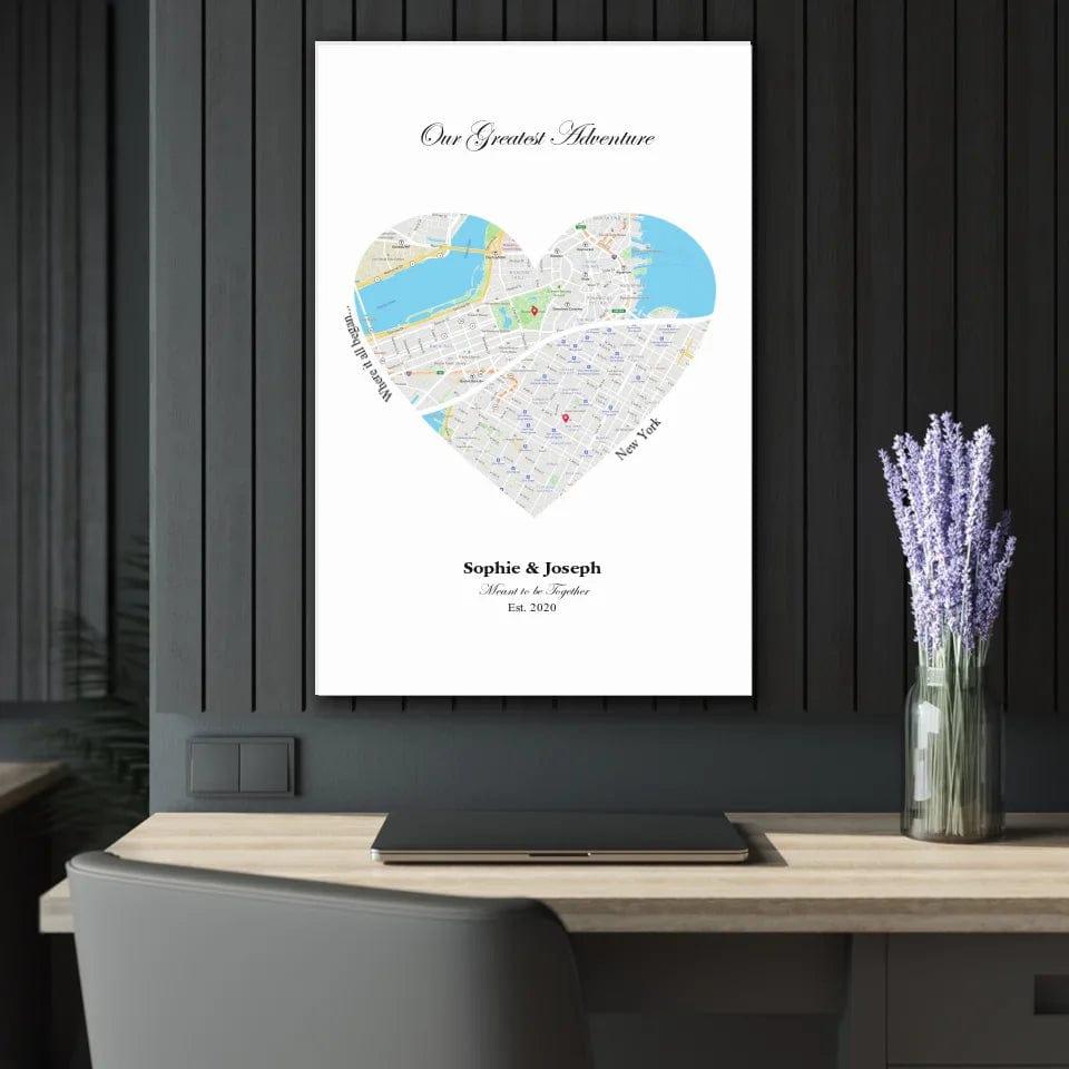 Custom Heart Shaped Dual Location Map - ARTFULANE