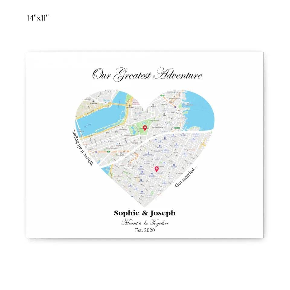 Custom Heart Shaped Dual Location Map - ARTFULANE