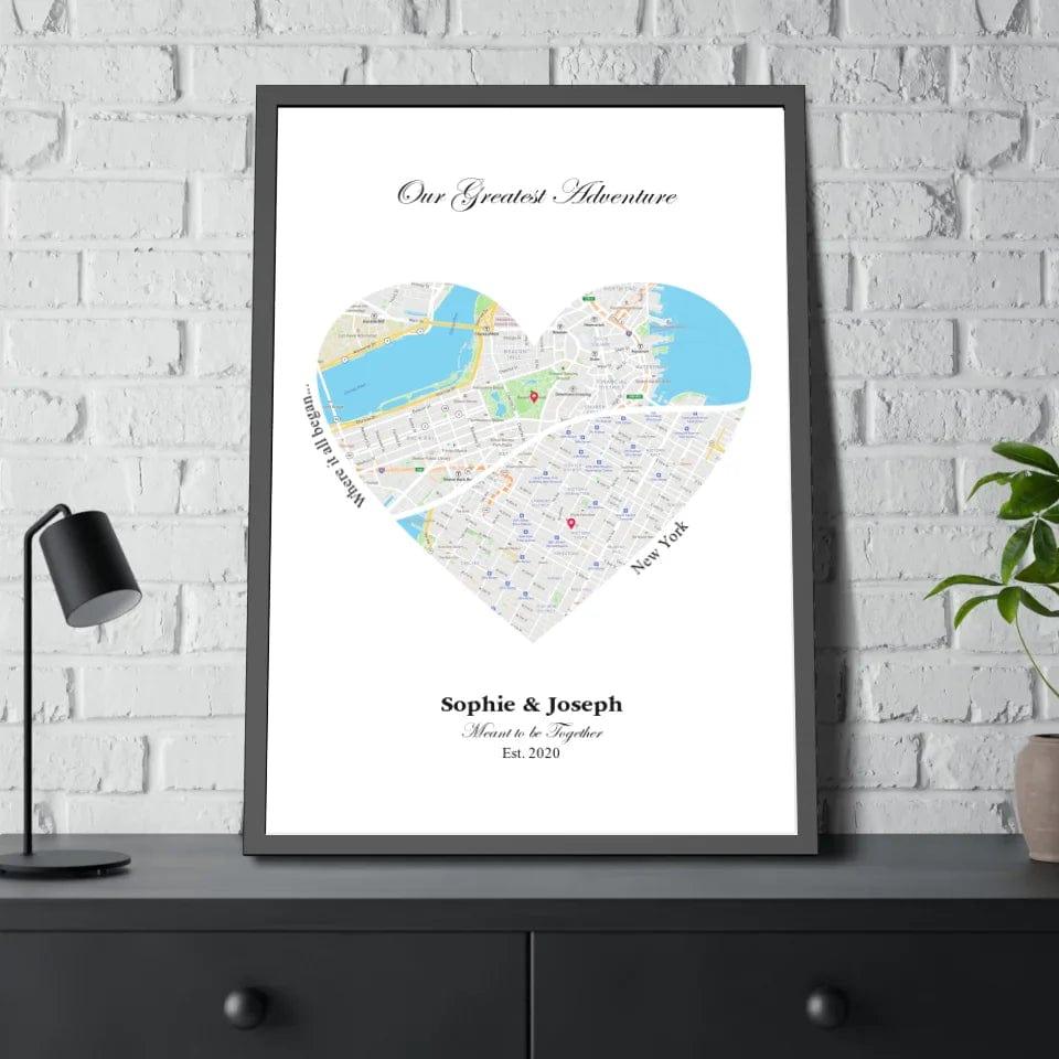 Custom Heart Shaped Dual Location Map - ARTFULANE