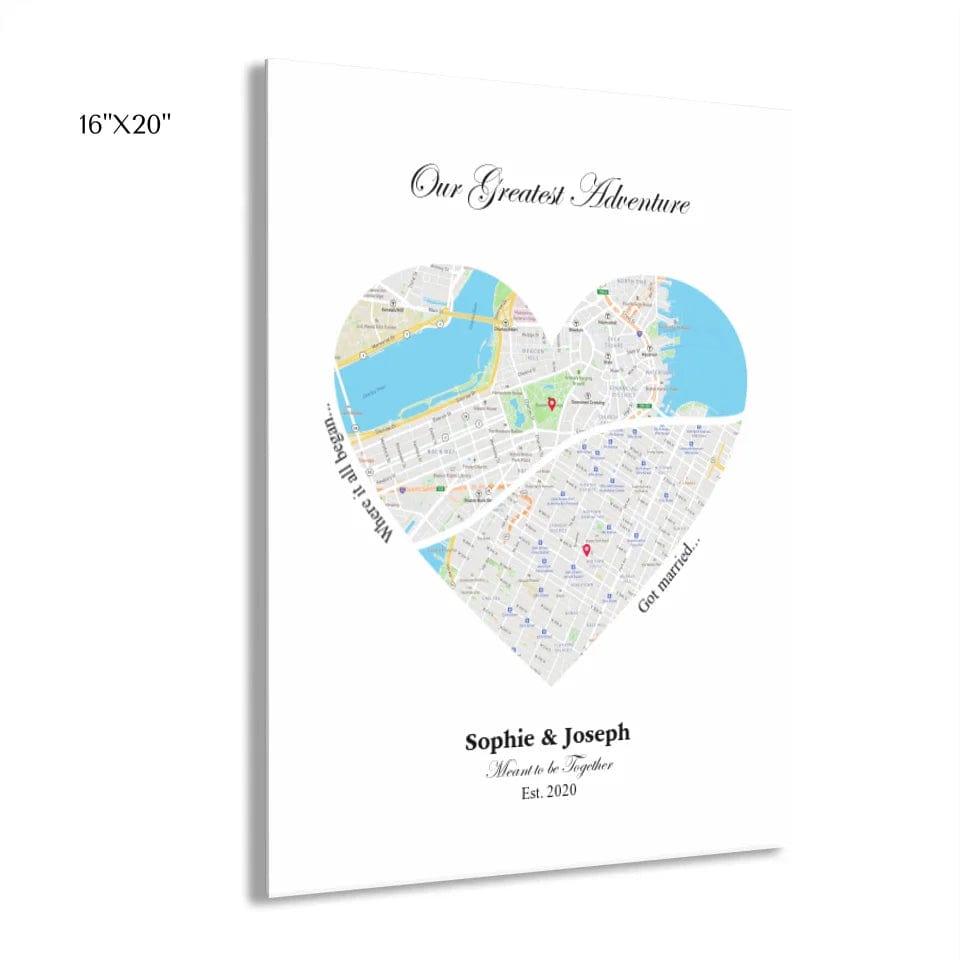 Custom Heart Shaped Dual Location Map - ARTFULANE