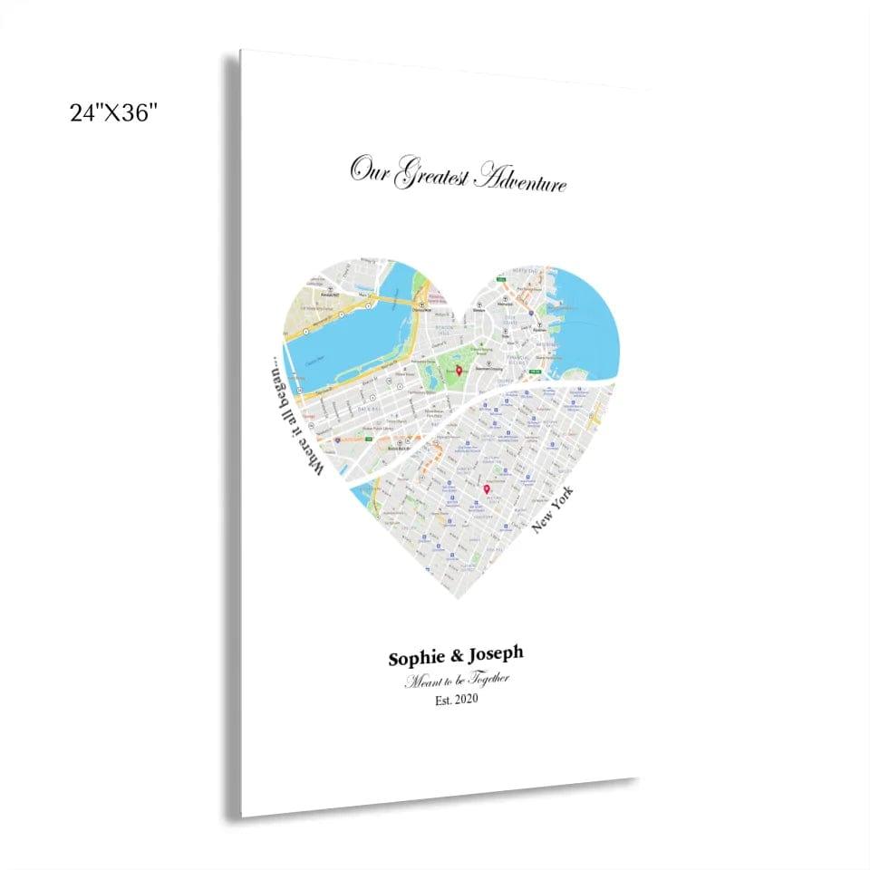 Custom Heart Shaped Dual Location Map - ARTFULANE