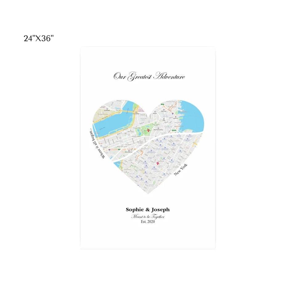 Custom Heart Shaped Dual Location Map - ARTFULANE