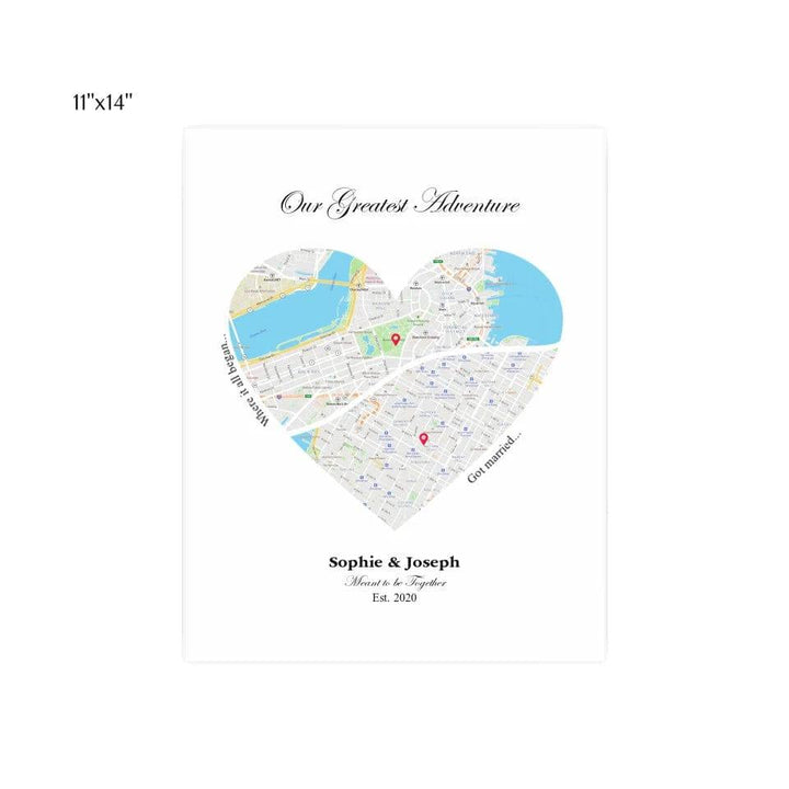 Custom Heart Shaped Dual Location Map - ARTFULANE