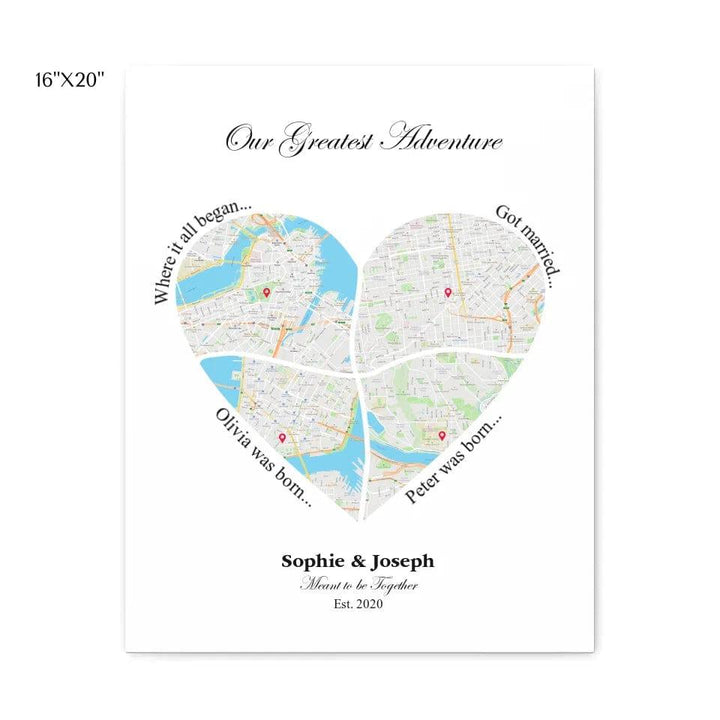 Custom Heart Shaped Four Location Map - ARTFULANE