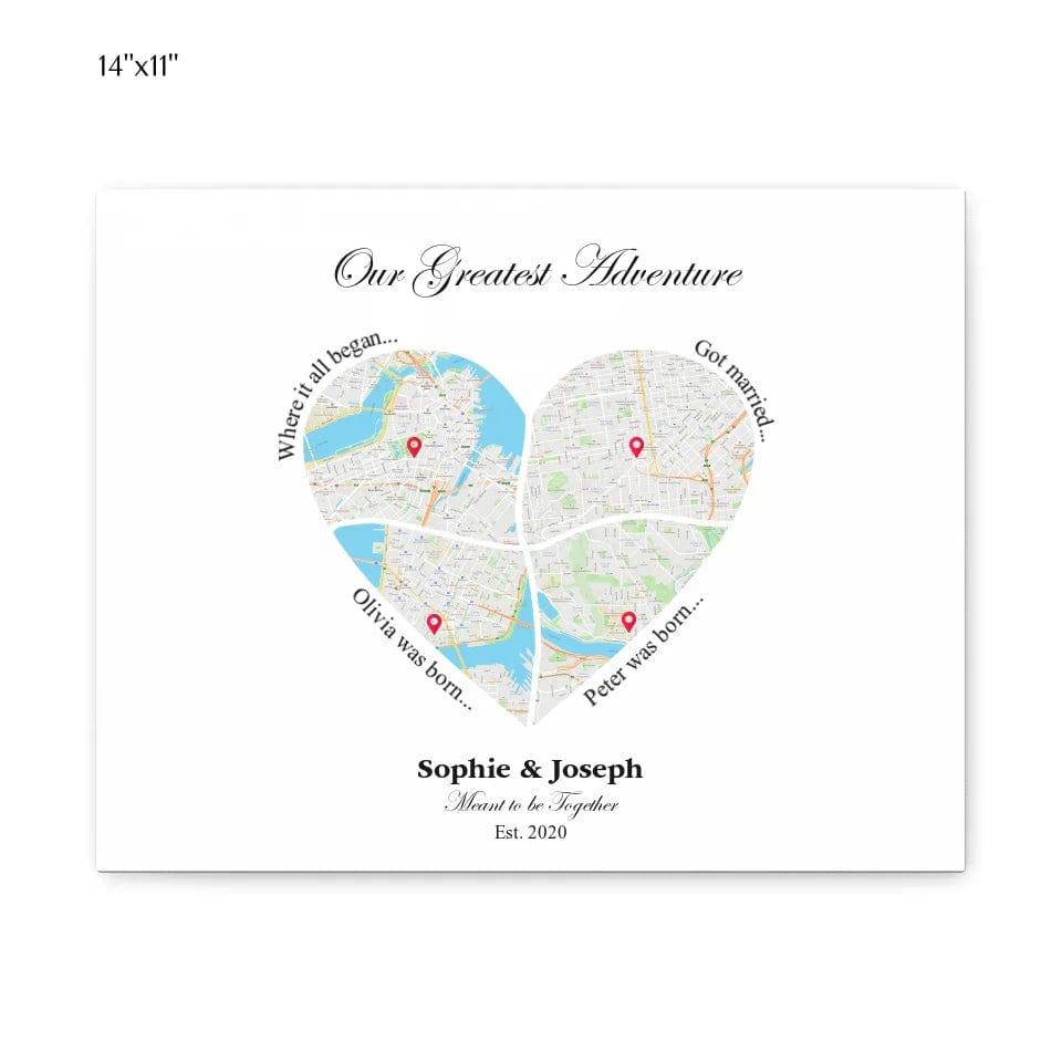 Custom Heart Shaped Four Location Map - ARTFULANE