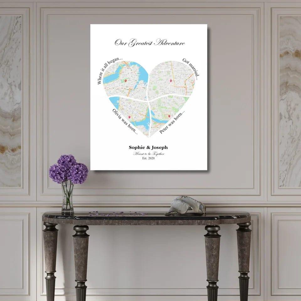 Custom Heart Shaped Four Location Map - ARTFULANE