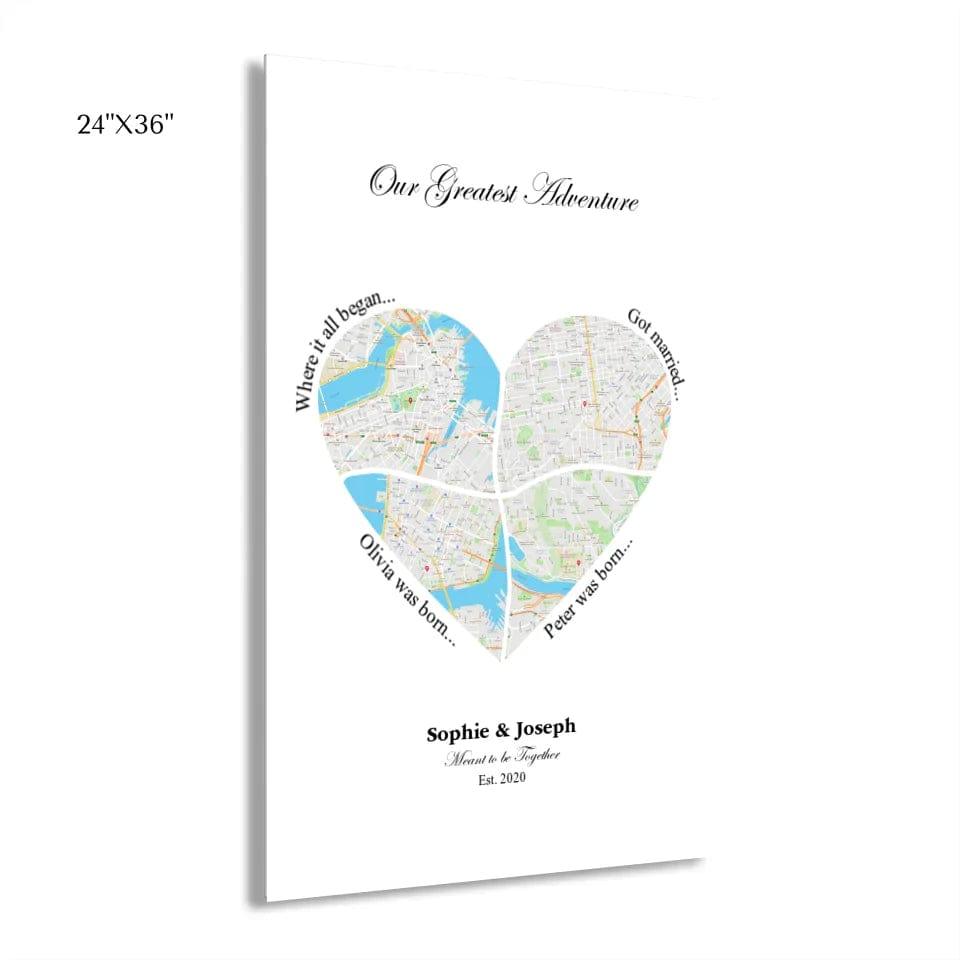 Custom Heart Shaped Four Location Map - ARTFULANE