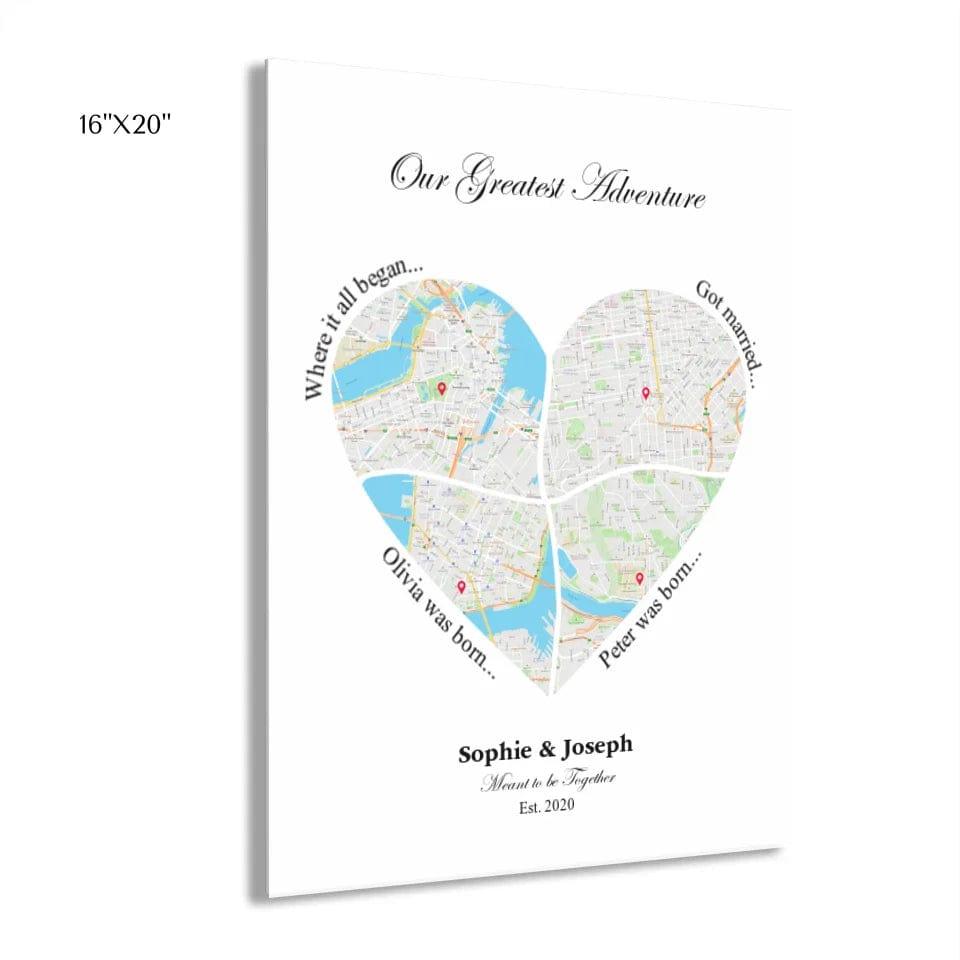 Custom Heart Shaped Four Location Map - ARTFULANE