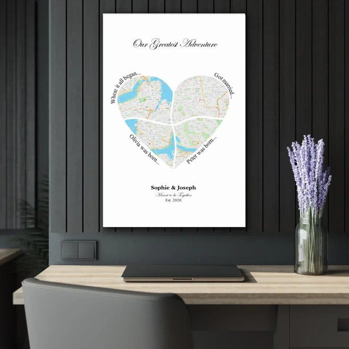 Custom Heart Shaped Four Location Map - ARTFULANE