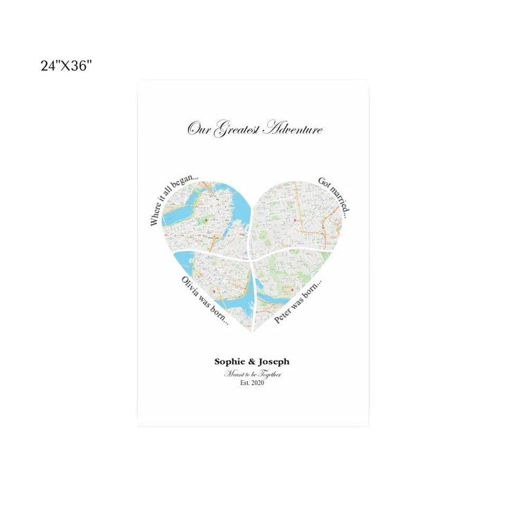 Custom Heart Shaped Four Location Map - ARTFULANE