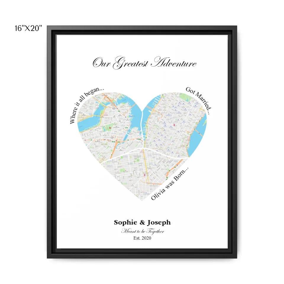 Custom Heart Shaped Triple Location Map - ARTFULANE