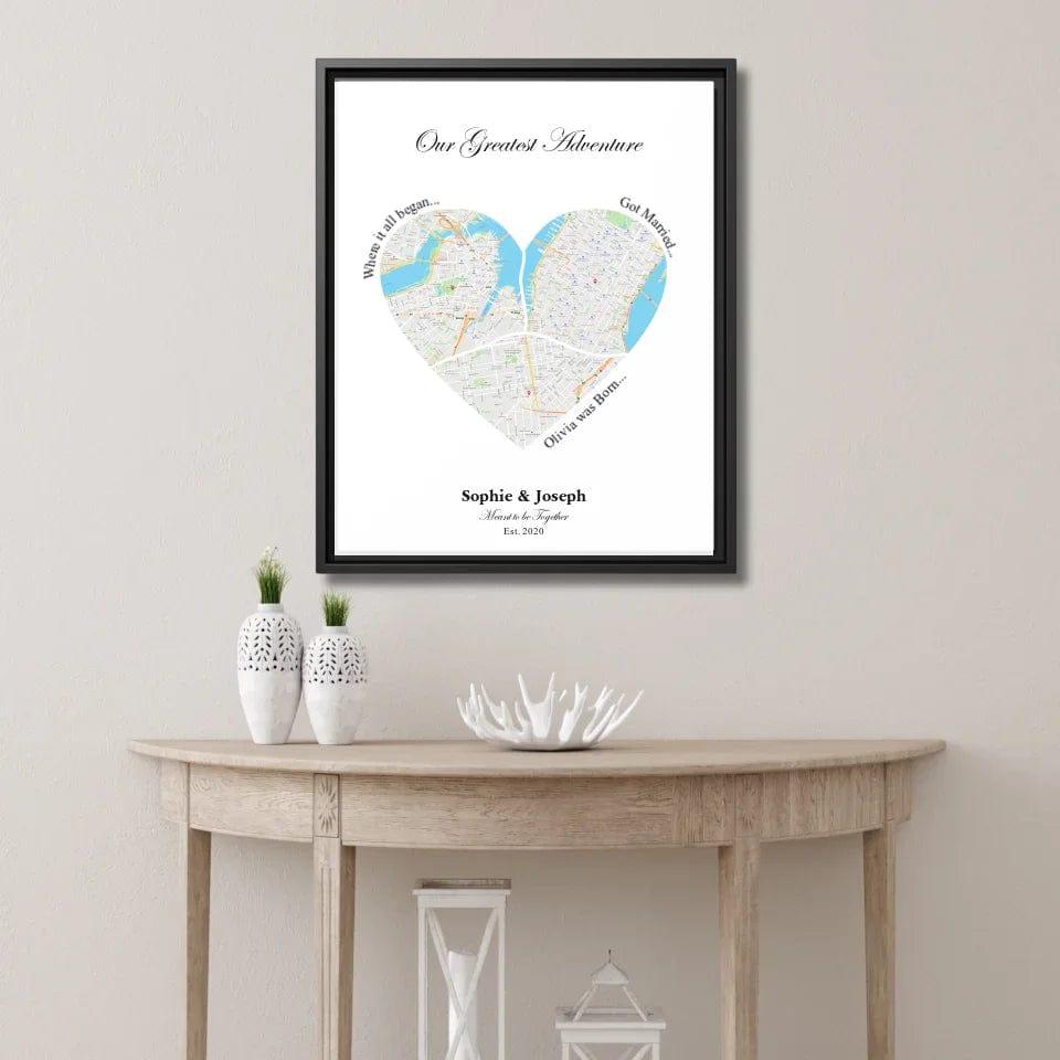 Custom Heart Shaped Triple Location Map - ARTFULANE