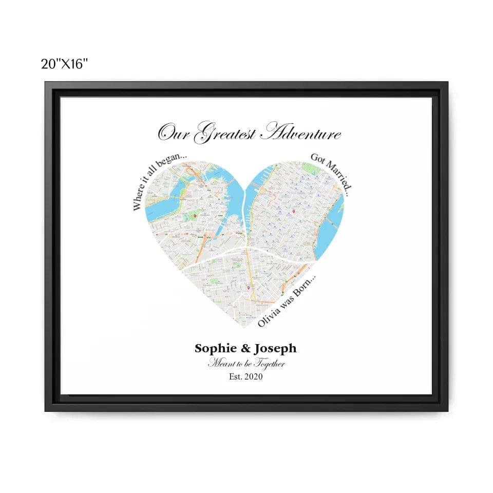 Custom Heart Shaped Triple Location Map - ARTFULANE