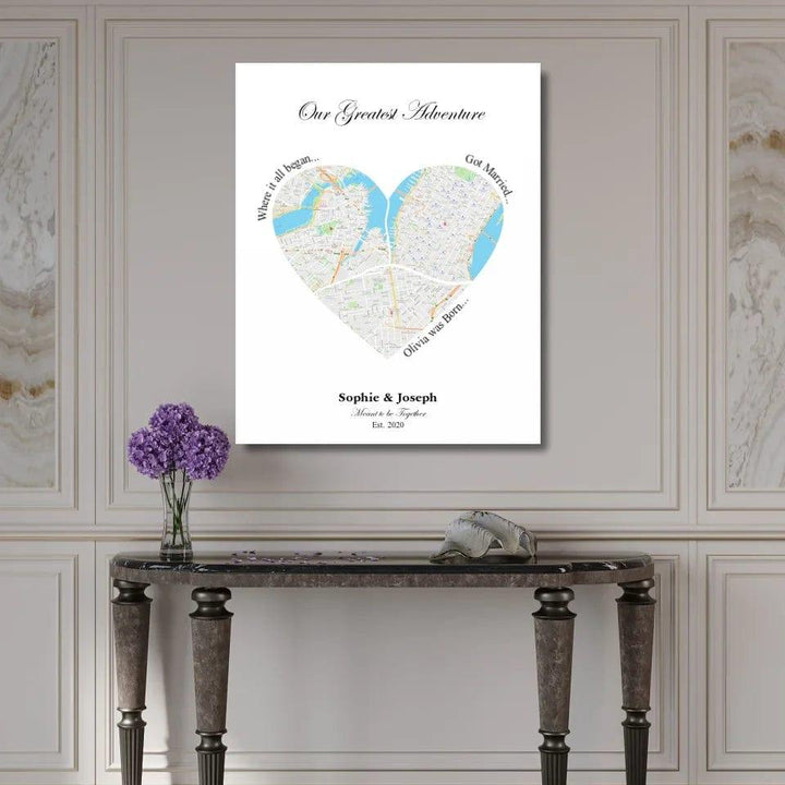 Custom Heart Shaped Triple Location Map - ARTFULANE