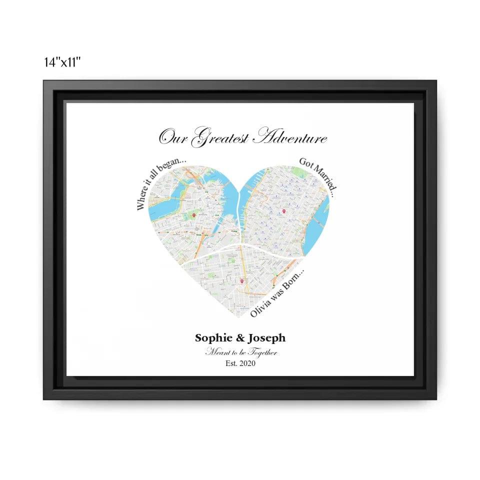 Custom Heart Shaped Triple Location Map - ARTFULANE