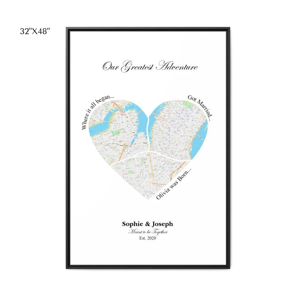 Custom Heart Shaped Triple Location Map - ARTFULANE