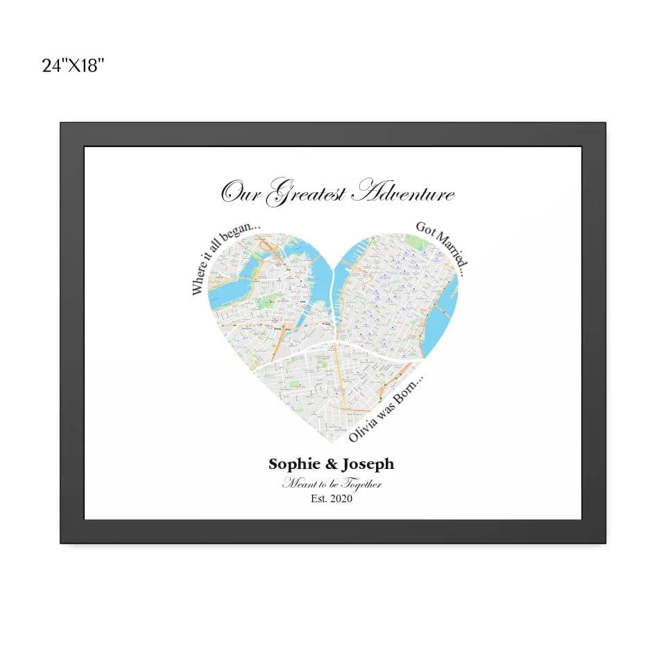 Custom Heart Shaped Triple Location Map - ARTFULANE