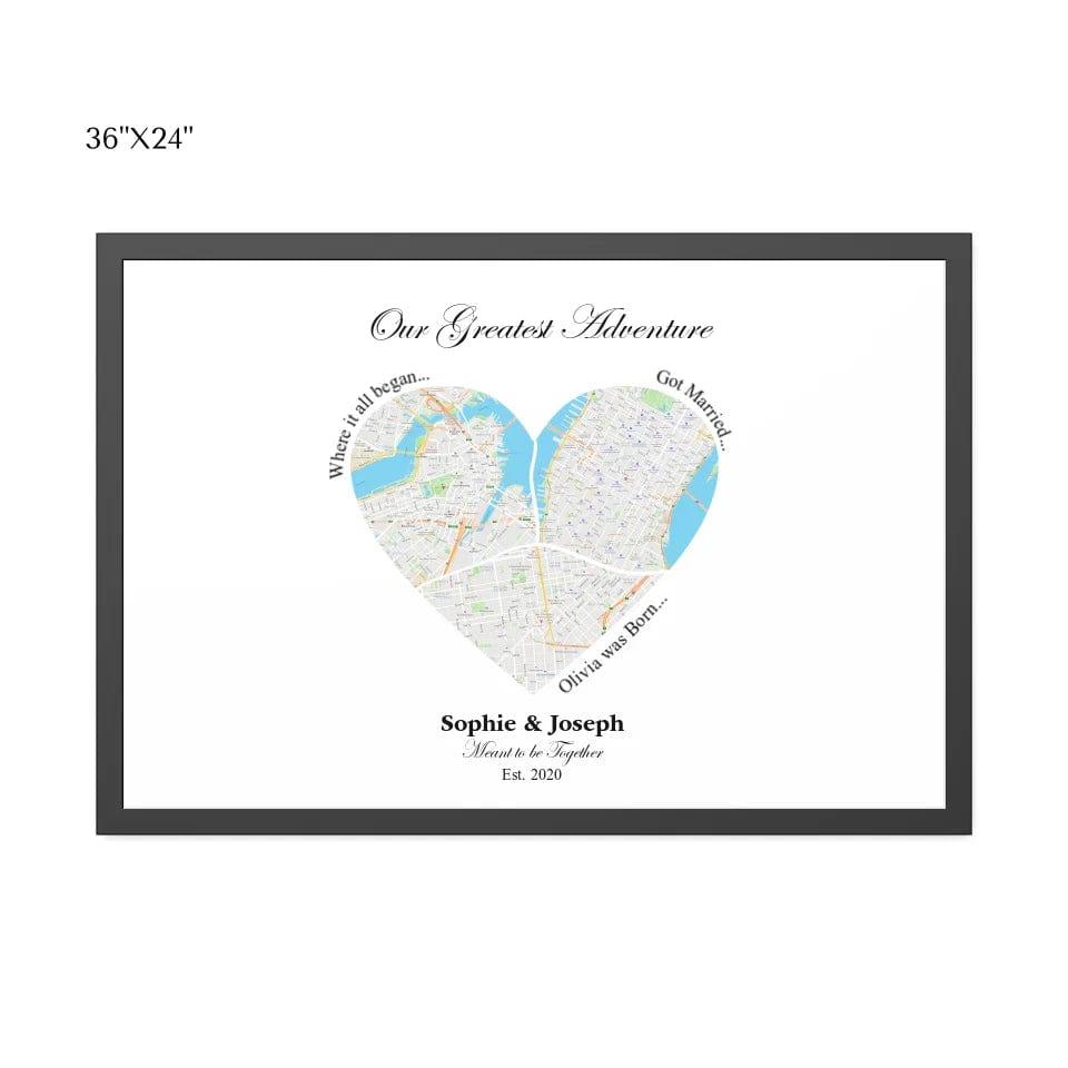 Custom Heart Shaped Triple Location Map - ARTFULANE