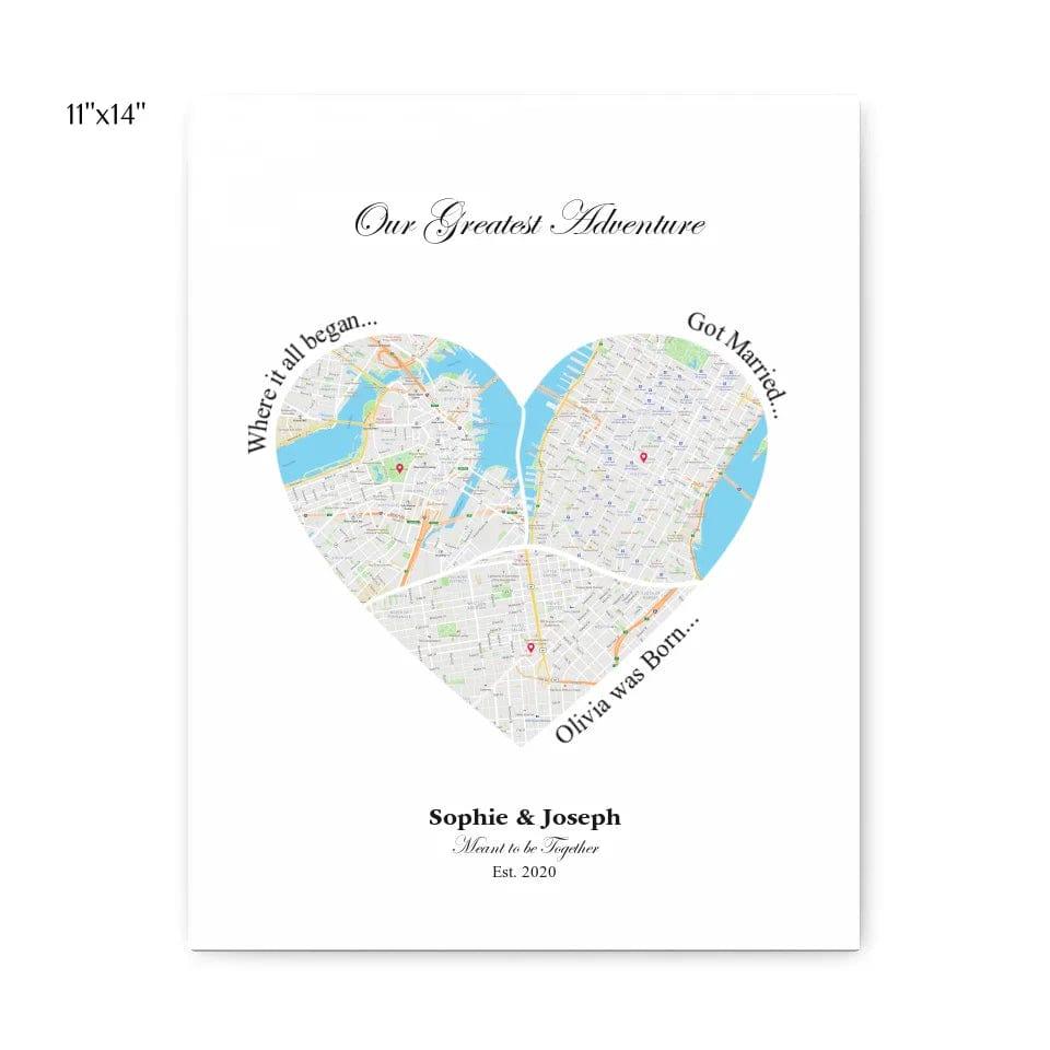 Custom Heart Shaped Triple Location Map - ARTFULANE