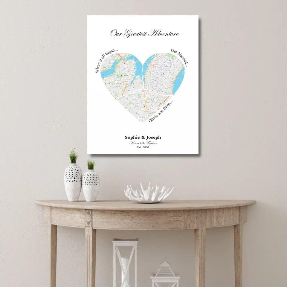 Custom Heart Shaped Triple Location Map - ARTFULANE