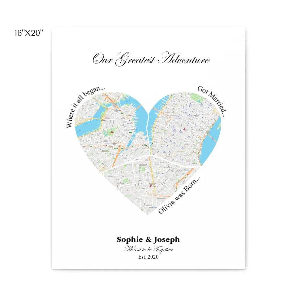 Custom Heart Shaped Triple Location Map - ARTFULANE