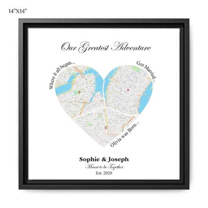 Custom Heart Shaped Triple Location Map - ARTFULANE