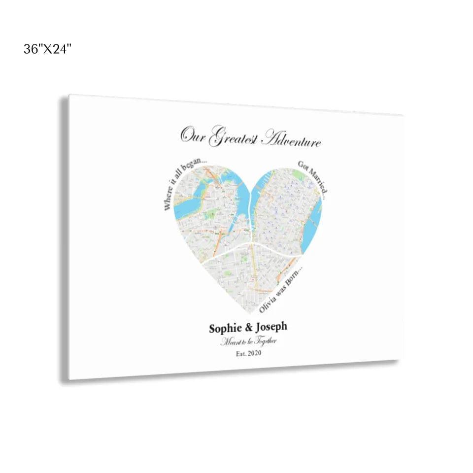 Custom Heart Shaped Triple Location Map - ARTFULANE