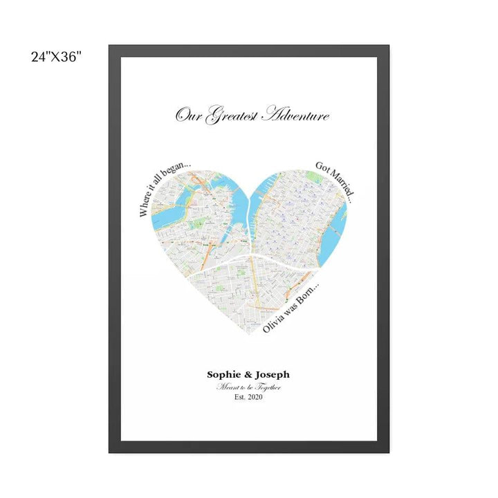 Custom Heart Shaped Triple Location Map - ARTFULANE