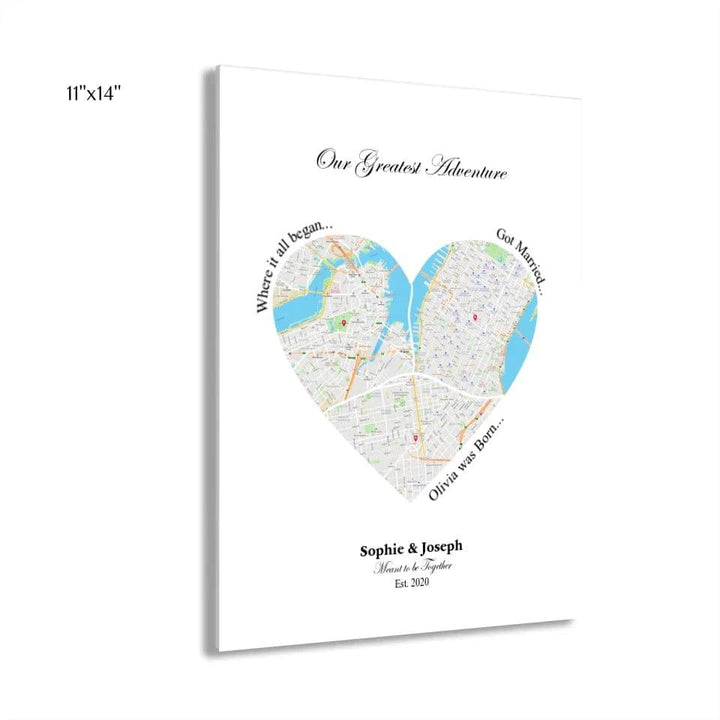 Custom Heart Shaped Triple Location Map - ARTFULANE