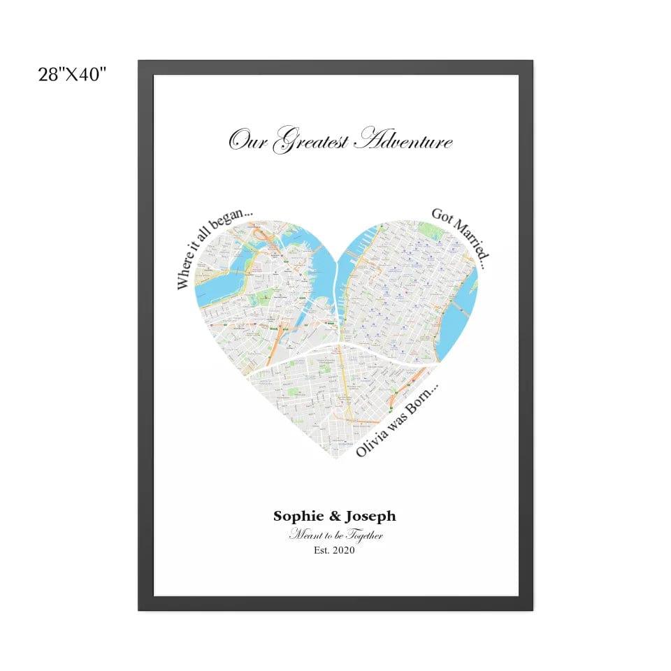 Custom Heart Shaped Triple Location Map - ARTFULANE