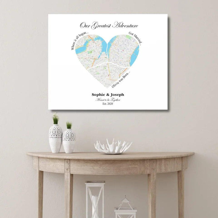 Custom Heart Shaped Triple Location Map - ARTFULANE