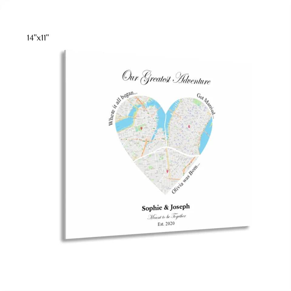 Custom Heart Shaped Triple Location Map - ARTFULANE