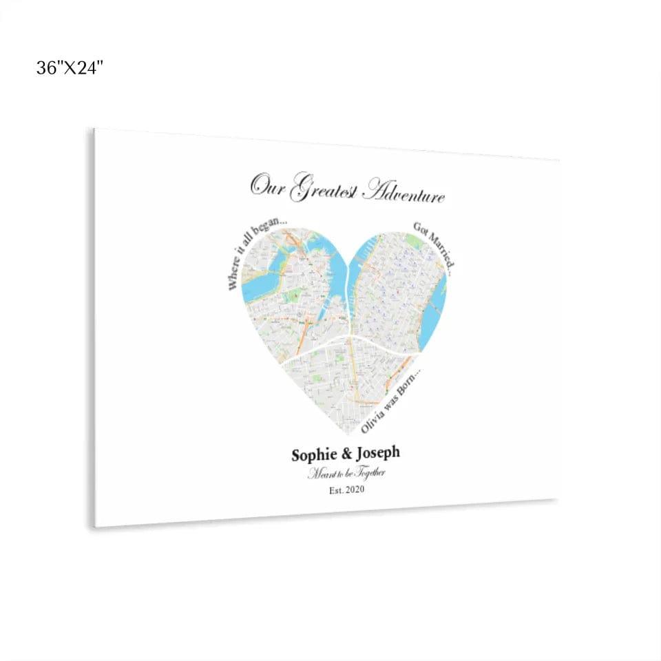 Custom Heart Shaped Triple Location Map - ARTFULANE