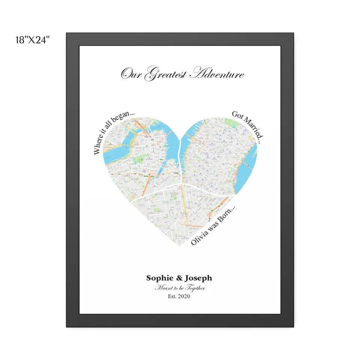 Custom Heart Shaped Triple Location Map - ARTFULANE